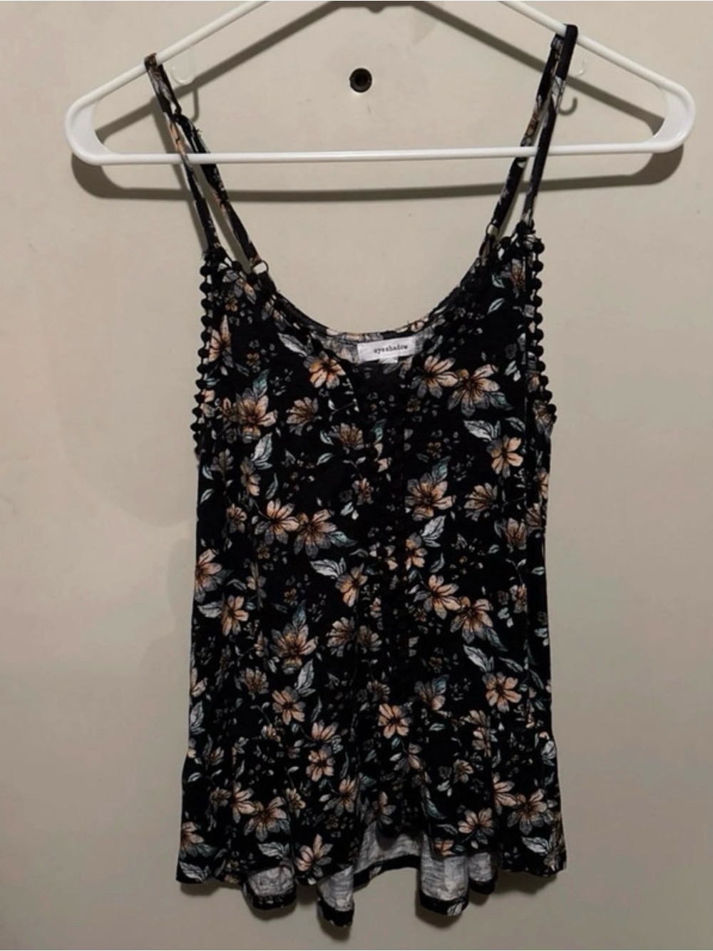 Eyeshadow Black Floral Spaghetti Strap Cami with Peach and Teal Flowers